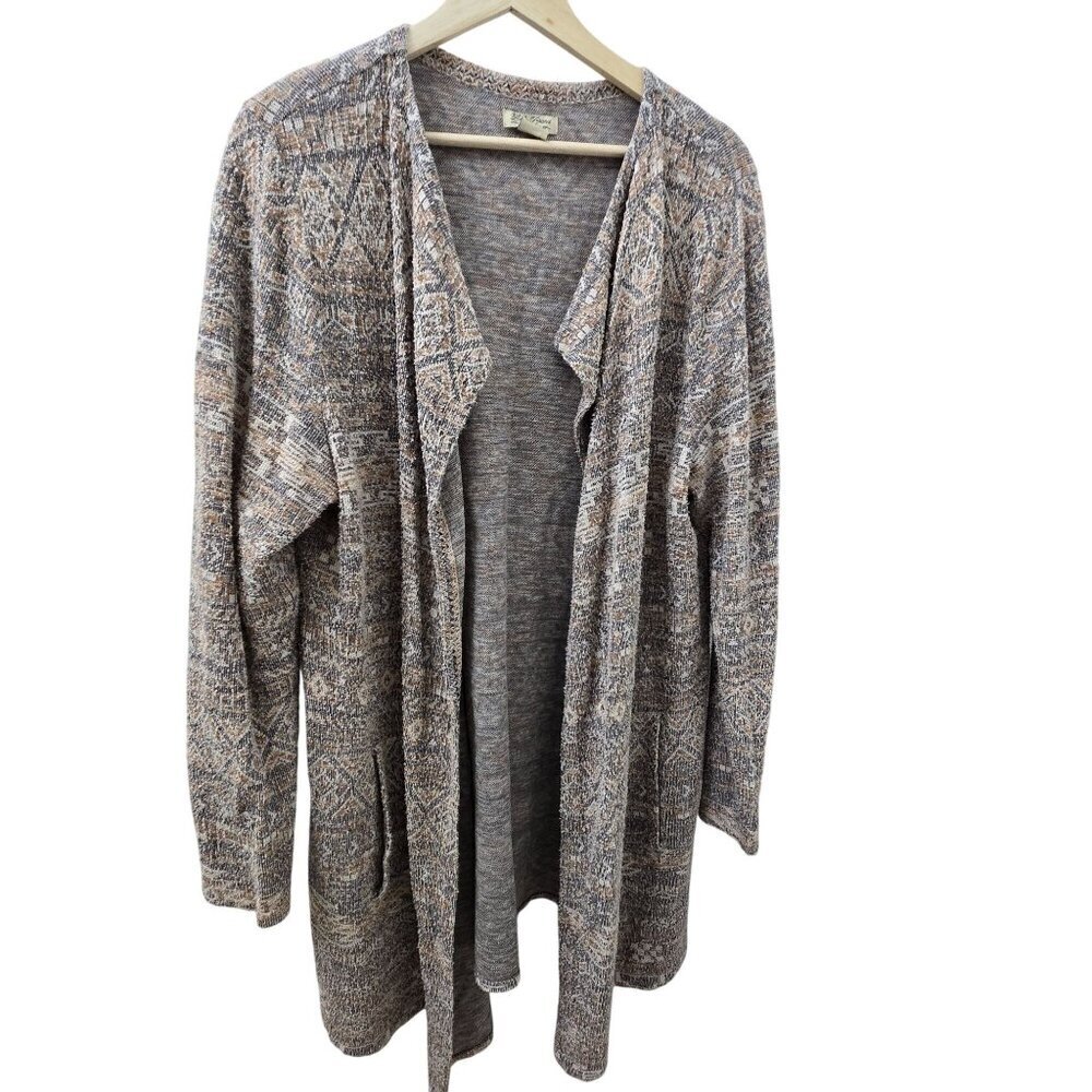 Lucky Brand Boucle Open Jacket Womens 2X Gray Tan Long Southwest Aztec Boho